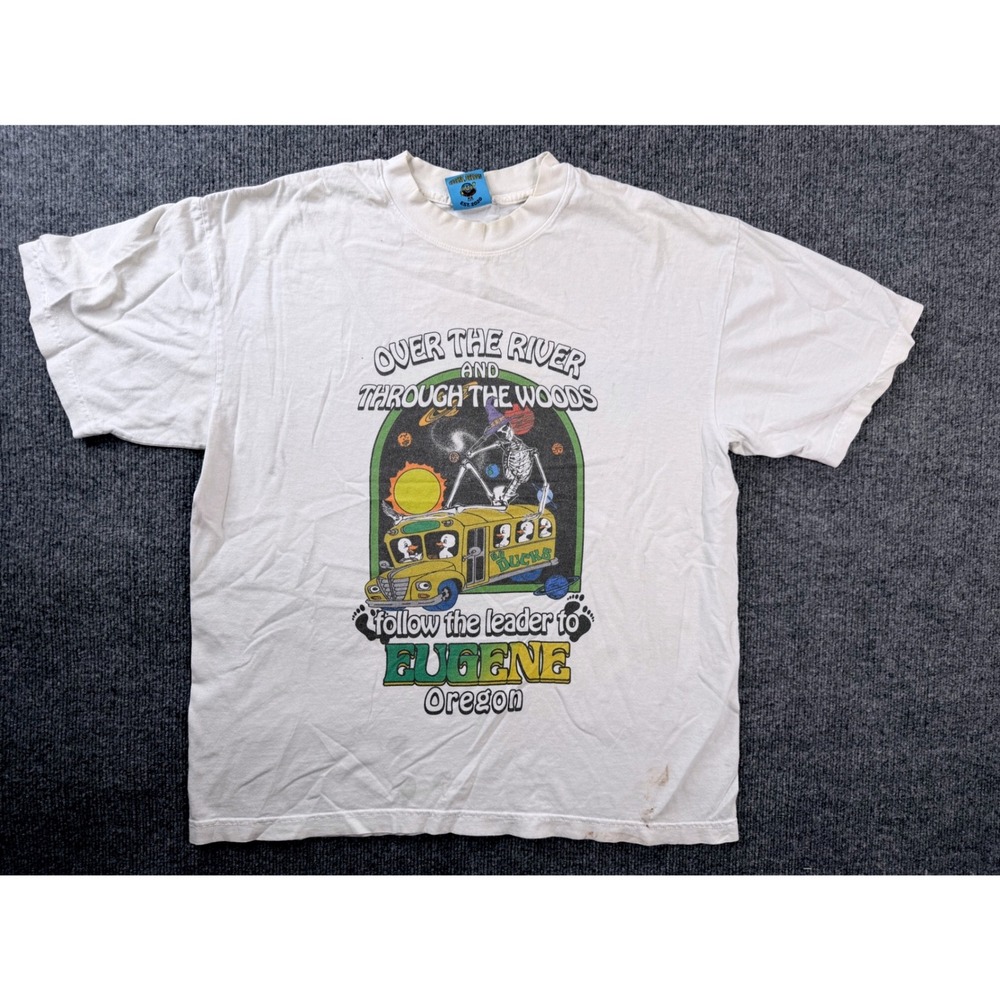 The NEST Eugene Oregon Graphic Tee Mens XL White Skeleton Duck Bus Stained Shirt